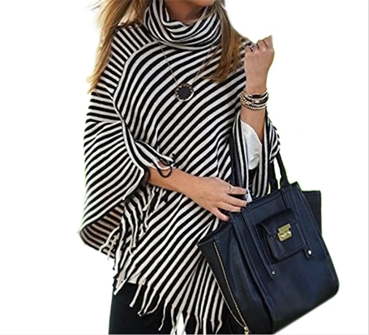 

New Design women Wool Cowl Neck Stripes poncho sweater, As picture