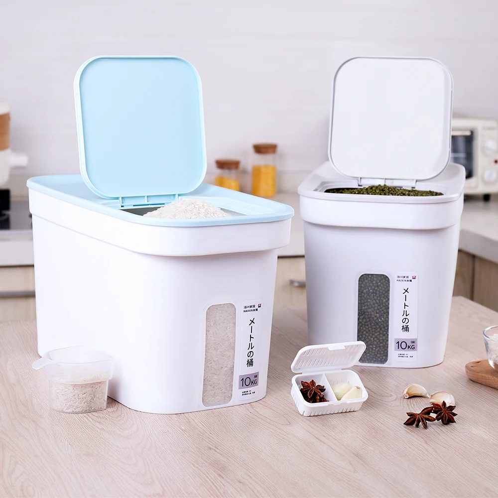 

10KG Durable Plastic Automatic Press-type Food Box Rice Dispenser Storage Container for Kitchen Organizer, White body + blue lid