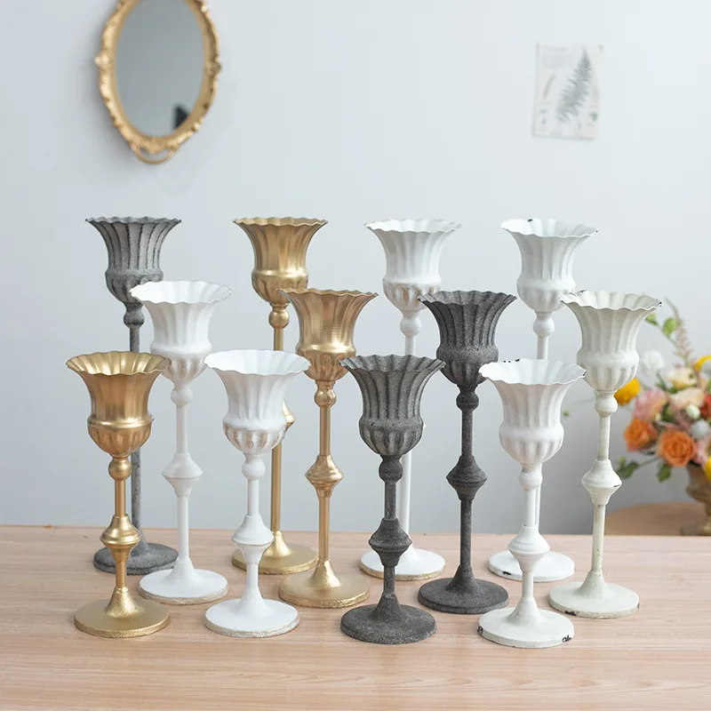 

European flower banquet vase wedding decoration distressed white gold vintage tall metal fluted vases, Distressed gold