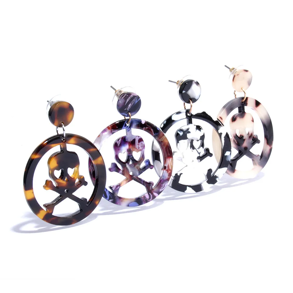 

Fashion Tortoiseshell Acetate Resin Geometric Skull Hoop Earrings Acrylic Round Skull Earrings