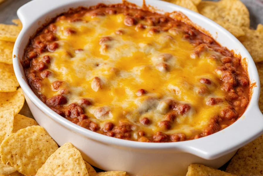 Cream cheese and chili dip bubbling in oven-safe dish with melted cheese topping and tortilla chips arranged around it