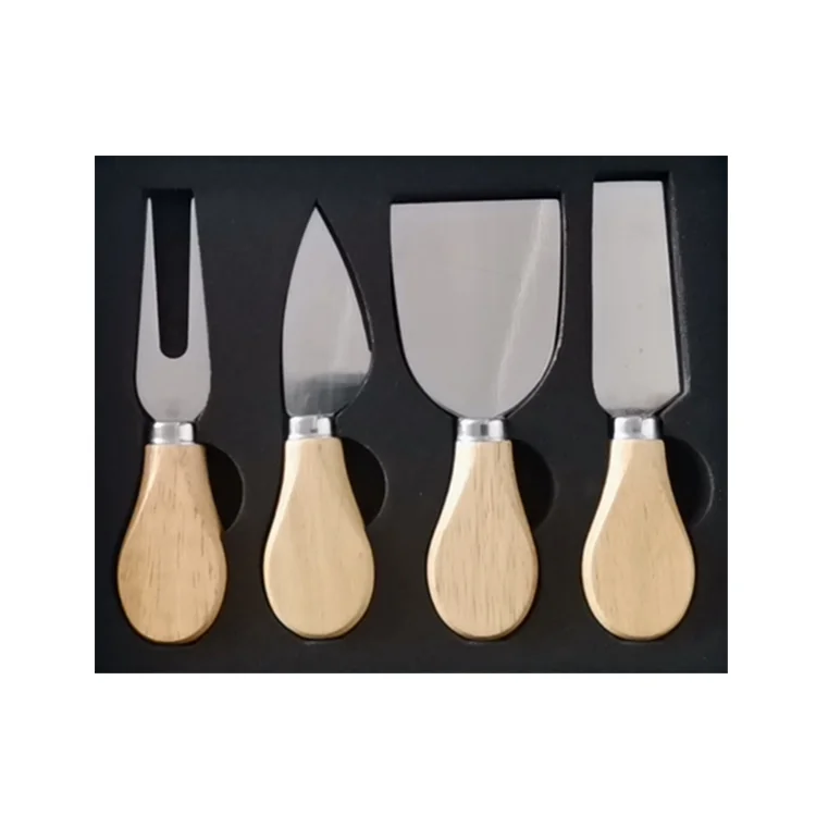 

Factory Stock Directly Mini Stainless Steel 4 Pieces Set Cheese Knife Gift Box Wooden Handle Slicer Kitchen Cheese Knives