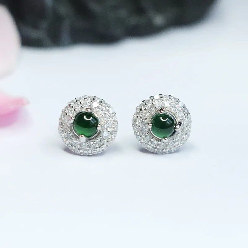 

S925 Silver Inlay Ice-Like Jade Luxury Inlaid Emperor Green Ear Studs Jade Earrings Jewelry Gift 2022803