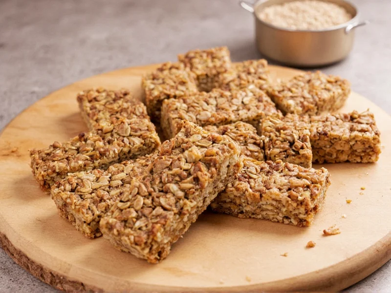Perfectly sliced homemade granola bars on wooden board