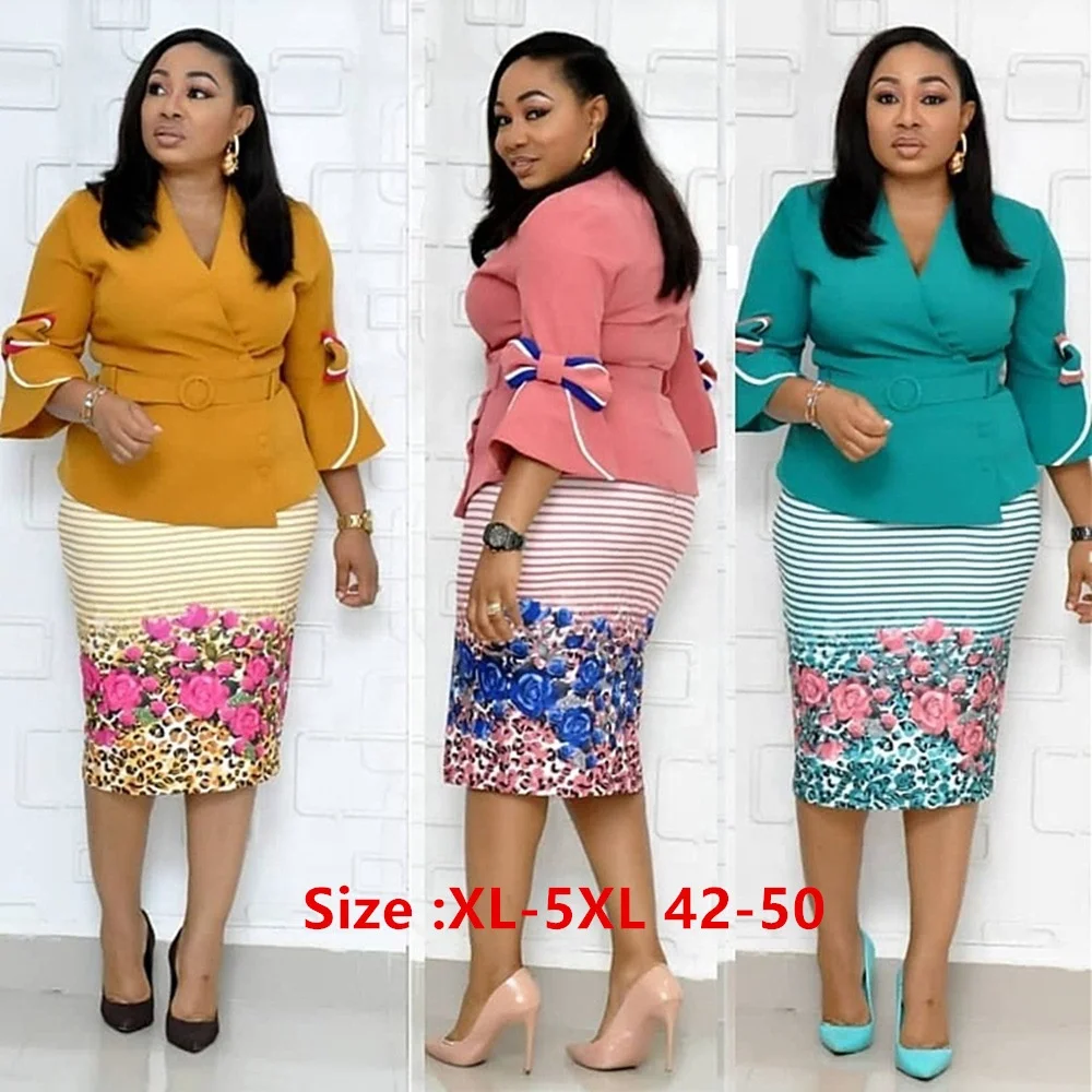 

2021 New arrival wholesale Hot Sale African Clothes Plus Size Floral Print Office Midi Dresses For Women skirt, Customized color
