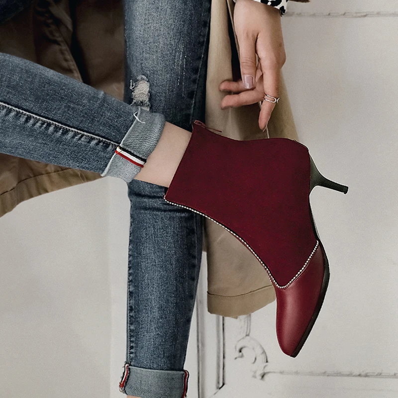 

Solid Patchwork Ankle Boots Women Fashion Simple High Heel Pointed Toe Thin Winter Shoes New Keep Warm Shoes, Black/wine red