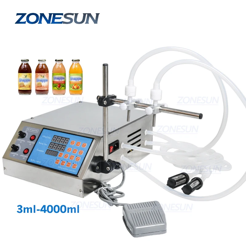 

ZONESUN Electric Digital Control Pump Bottle Liquid Filling Machine Small 3-4000ml for Perfume Water Juice Oil With 2 head