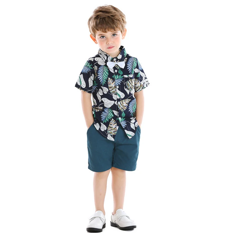 

2021 Summer baby boys clothes sets cotton linen short-sleeved floral shirt with five-minute trousers for children's holiday, Blue/khaki/white/red/dark green/green