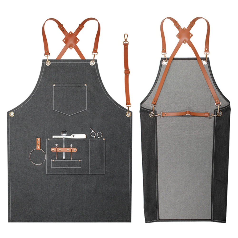 

custom bbq black mens denim barber aprons kitchen leather working apron, Customized color
