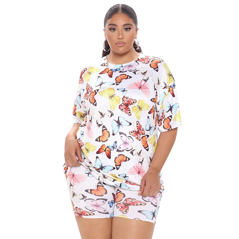 

Summer ladies 2 piece new arrivals butterfly-printing fashionable plus size high waist pants two piece tracksuit set
