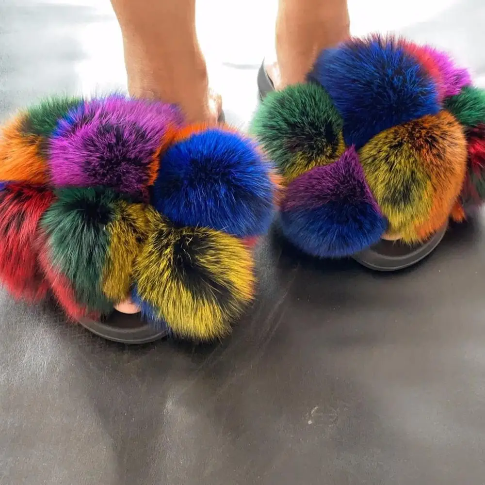 

New design custom mixed color female fox fur slides sandals fur pom pom slides fur ball slides, Multi color single color or cutomizable