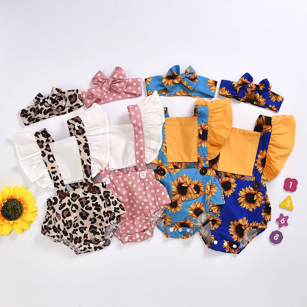 

New 2020 Summer Newborn Baby Girl Clothes Sunflower Sleeveless Romper Jumpsuit+Headband Outfits, As picture