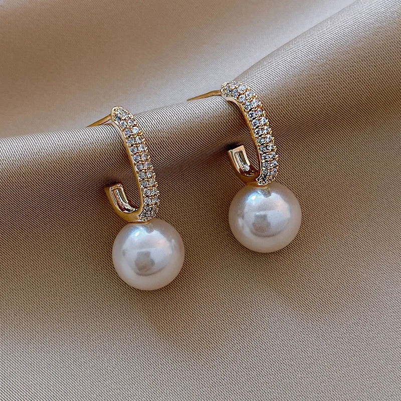 

925 silver needle Brass Real 18k Gold Plated Geometric Pearl Drop Earrings Cubic Zirconia C Shaped Hoop Earrings, As pictures