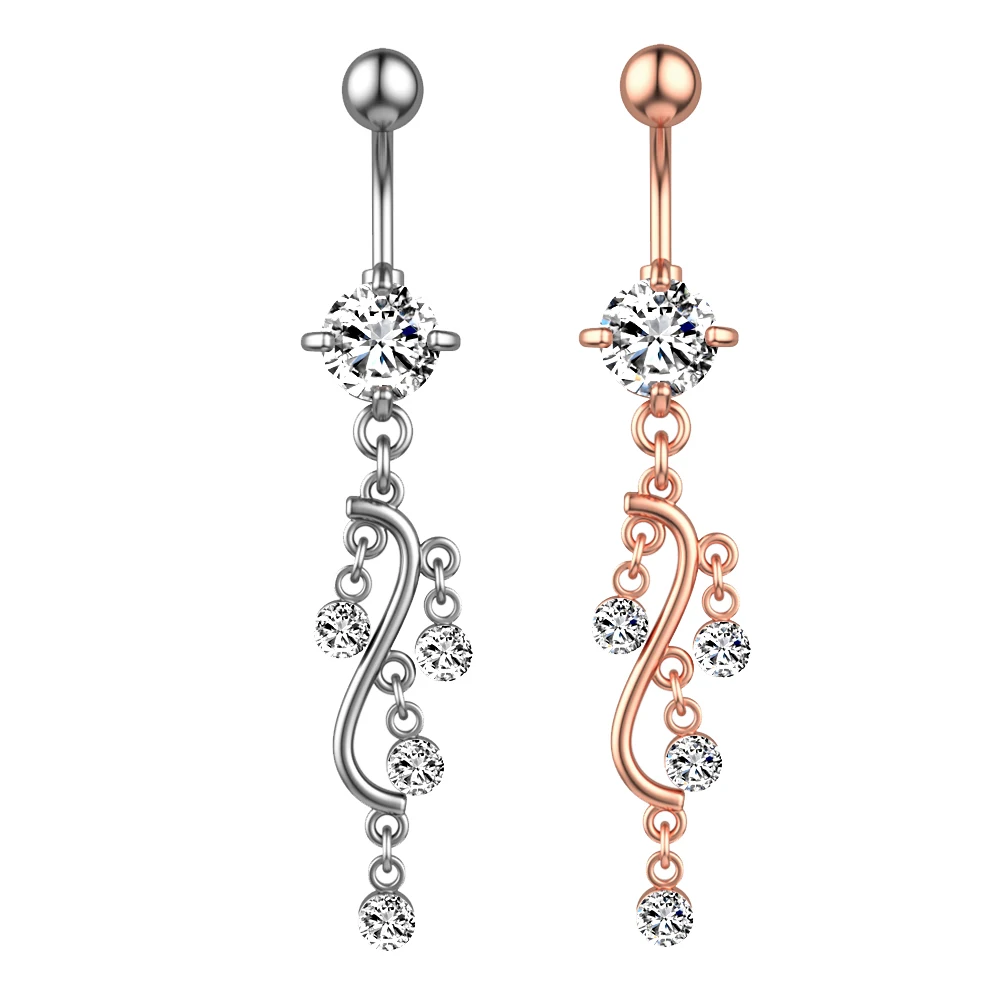 

High Quality S-Shaped 4 Zircon Ring Navel Stainless Steel Long Pendant Belly Rings for Women Body Piercing Jewelry