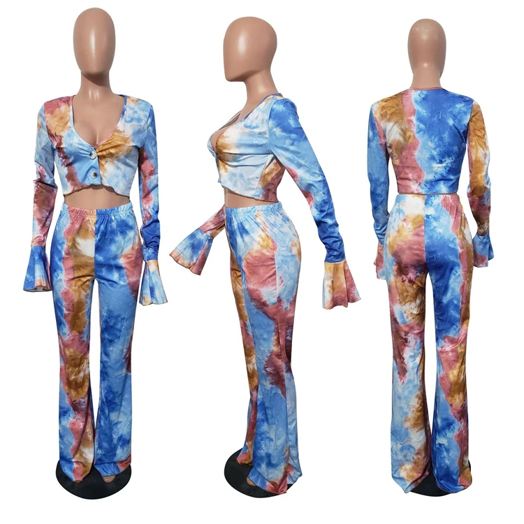 Best Seller Fall 2021 Fashion Sexy Tie Dye  Hollow Out Top And Pants Women Clothes Womens Two Piece Set