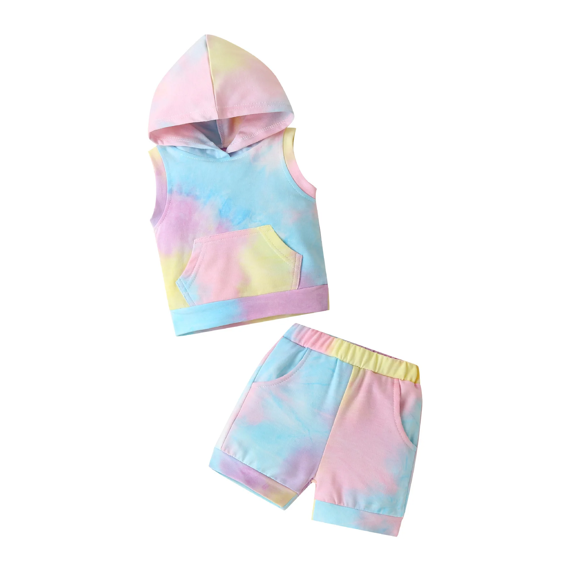 

2021 Track Suit Tie Dyed Print Sleeveless Hoodie Sweater Shorts Summer Toddler Boys Girls Clothing Sets