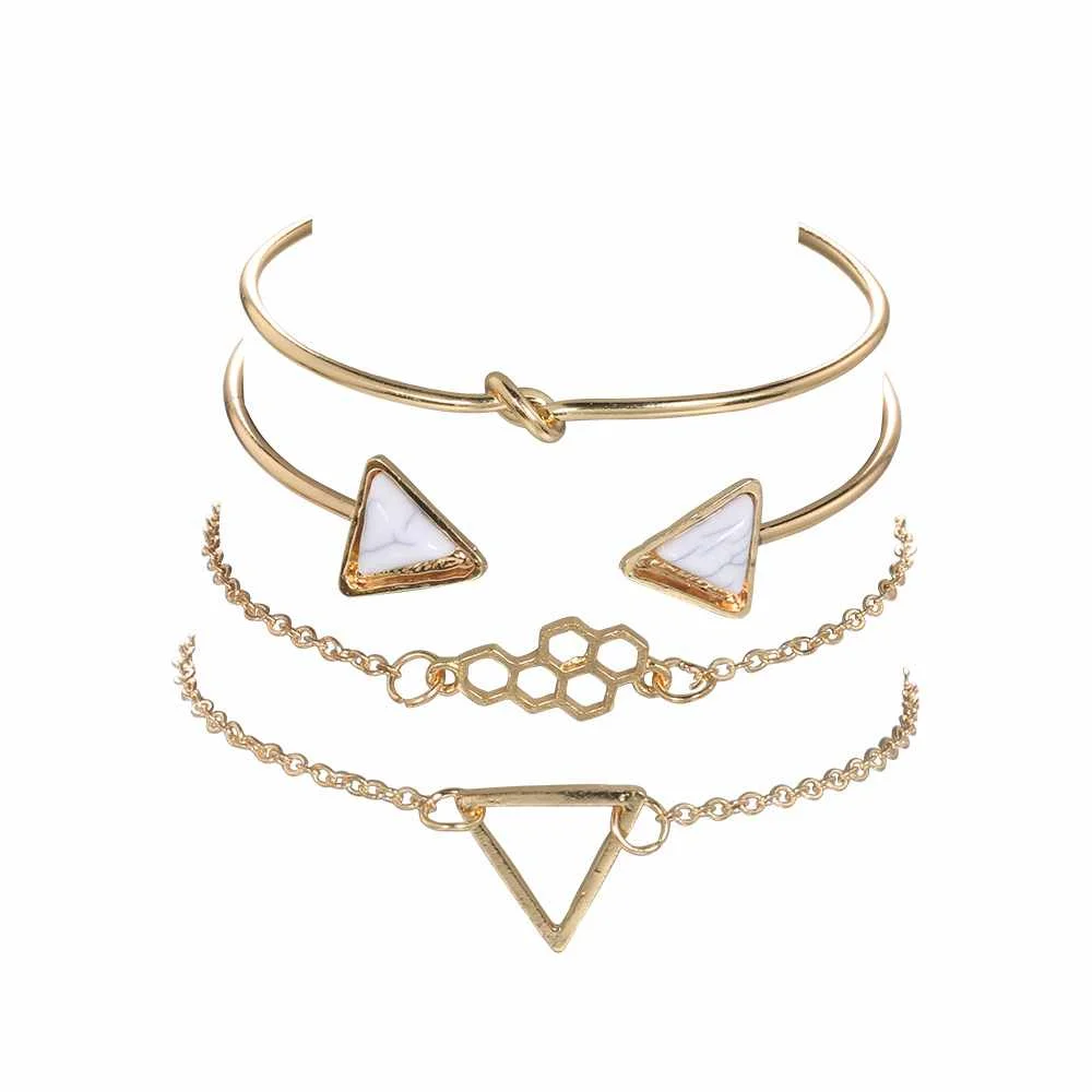 

4 pcs Fashion chemical bond turquoise triangle European and American Personality bracelet set, As shown