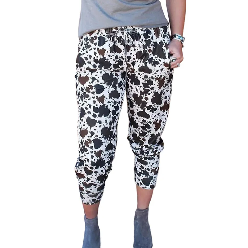 

2021 High Quality Drawstring Elastic Waist Cow Print Trousers Pants For Women