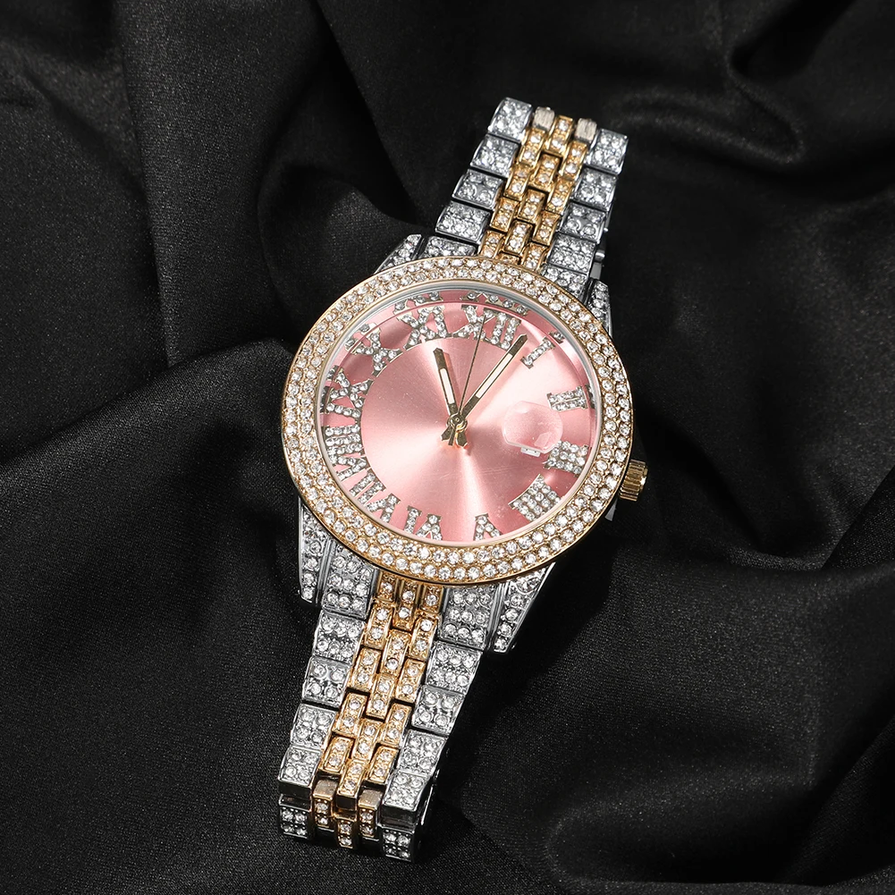 

unique design hip hop luxury fashion women watch pink green color iced out watches women wrist luxury