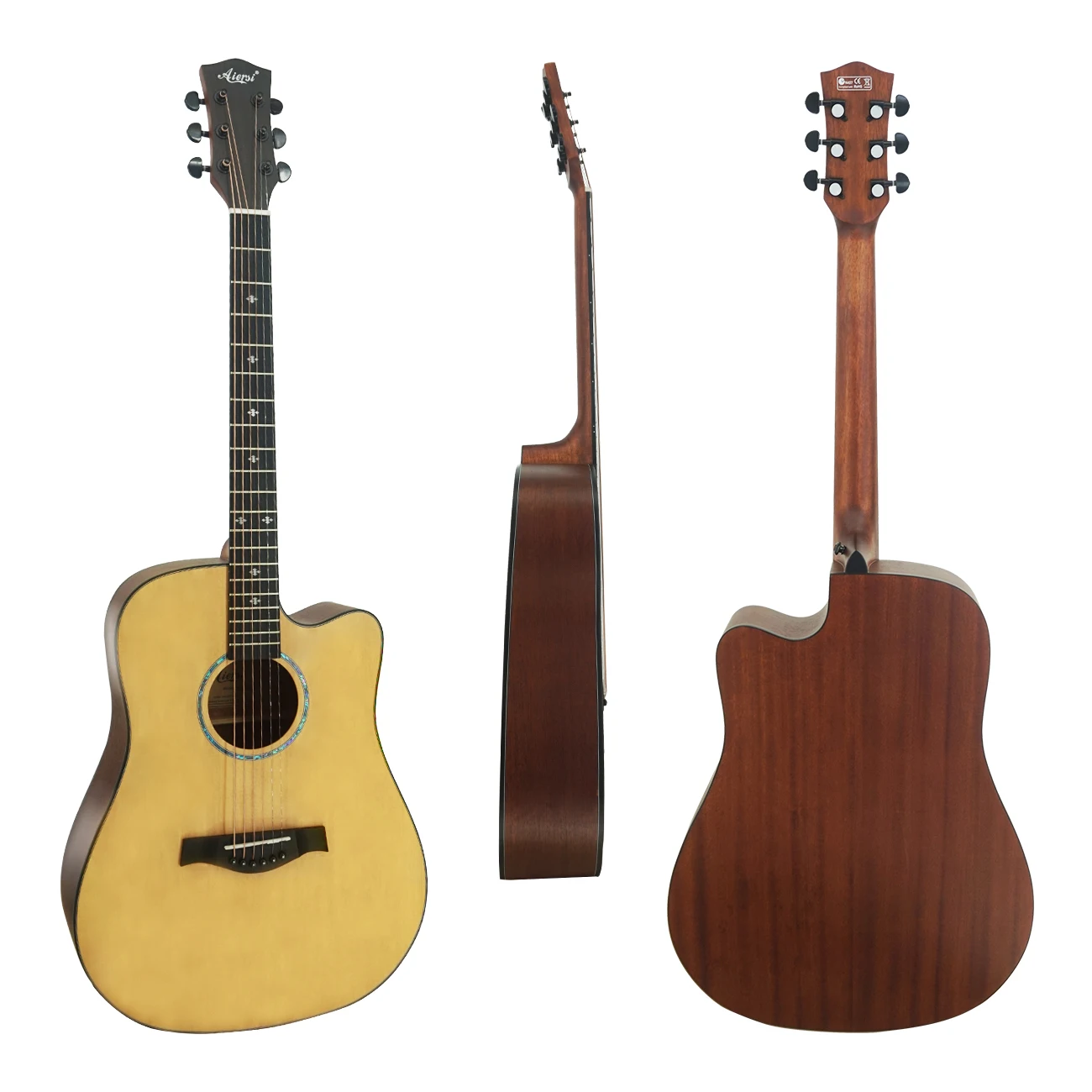 

Aiersi brand cutaway  solid spruce top acoustic guitar wholesale price OEM ODM custom musical instruments for sale, Natrual