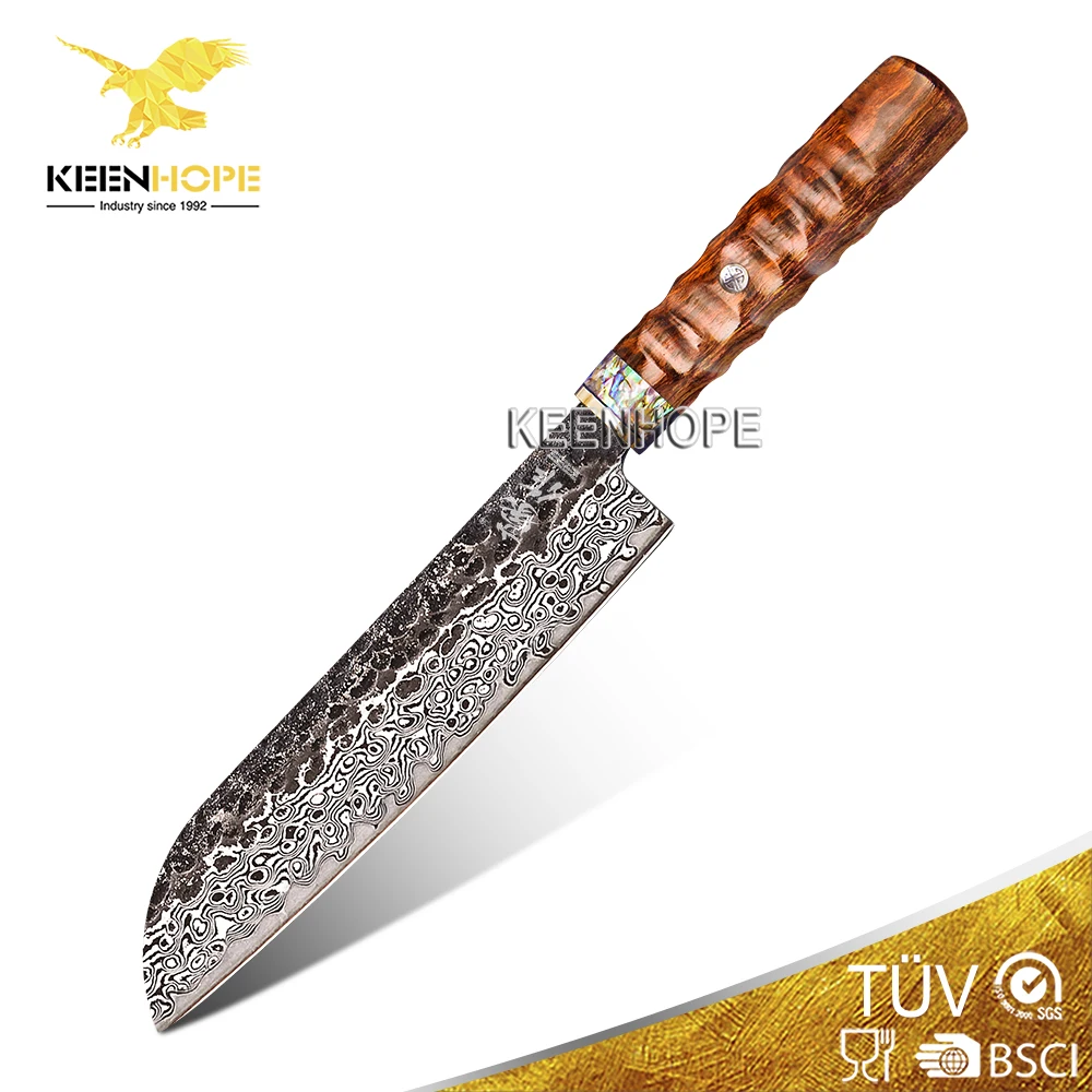 

89 Layers Damascus Steel Knife 7 Inch Santoku Knife VG10 Core Brass Abalone Shell USA Desert Ironwood Handle Japanese Knife