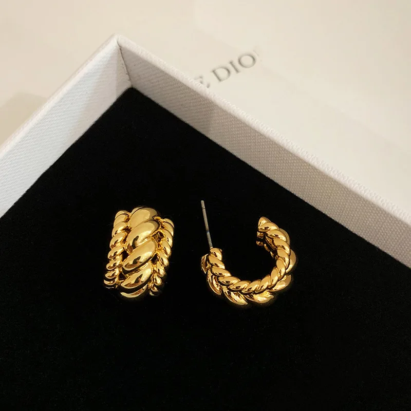 

S925 Post 14K Gold Plated Thick Chunky Textured Hoop Earrings For Women