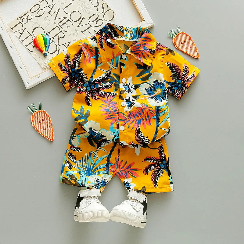 

Baby Coconut Tree Pattern Popular Short Sleeve Shirt Boy Clothes 2021 New Coconut Tree Short-sleeved Cotton Children Suit