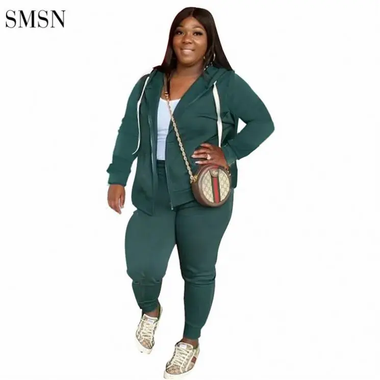 

New Style Solid Long Sleeve Zipper Hoodie Elastic Sweatpants Jogger Set Plus Size Women Clothing 2 Piece Set