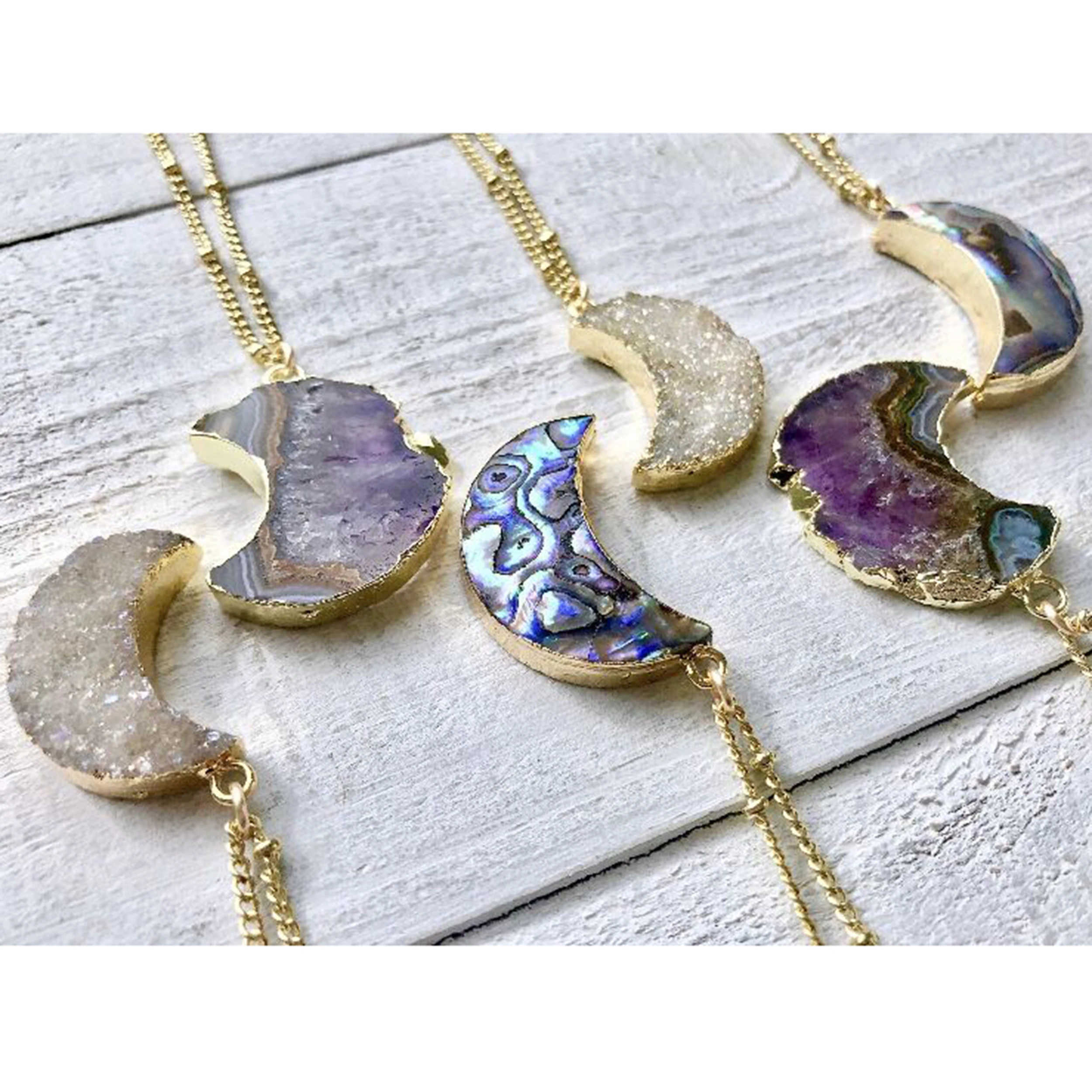 

BD-A1264 natural raw crescent moon shape pendant necklace,druzy abalone shell amethyst gemstone necklace