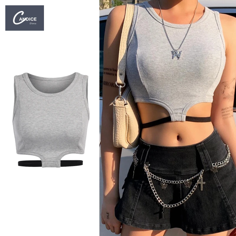 

Candice new Solid color gray cotton knit ribbed Sleeveless T-Shirt Tees Top Women Sexy Hollow Out Crop Tops