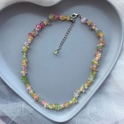 

2021 Hot Sale Boho Small Irregular Beads of Clear Crystal Stone Necklaces Colorful Quartz Bohemia Necklaces For Women, As picture show