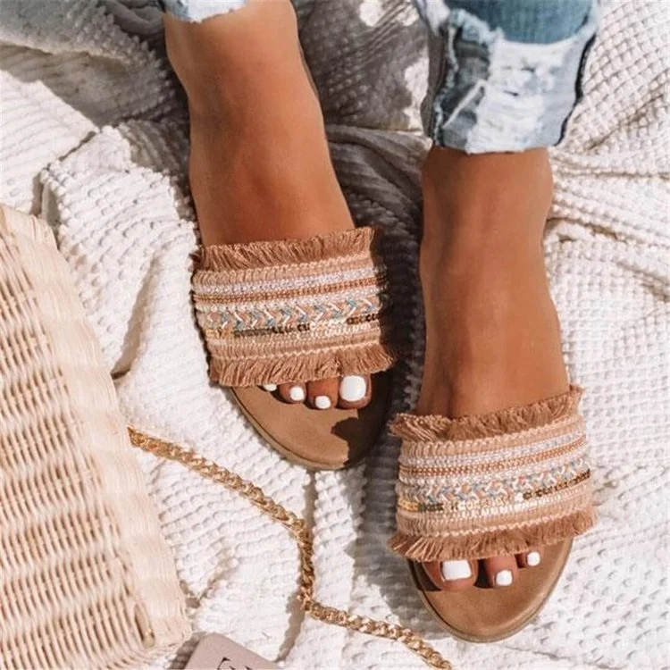 

Women Sandals Shoes Flat Slippers Stylish Tassels Shoes Women Slip On Footwear Size  New Arrival Low Heels Fashion