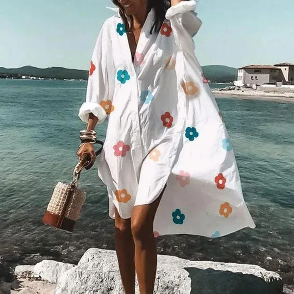 

Summer Women V Neck Button Print Dress Casual Elegant Long Sleeves Irregular Shirt Dress Loose Sexy Beach Party Dresses, As show