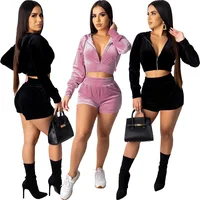 

2020 Fashion Women Hooded Front Zipper Long Sleeve Crop Jacket Short Pants Pockets Solid 2 Pieces Set Velvet Outfit Tracksuit