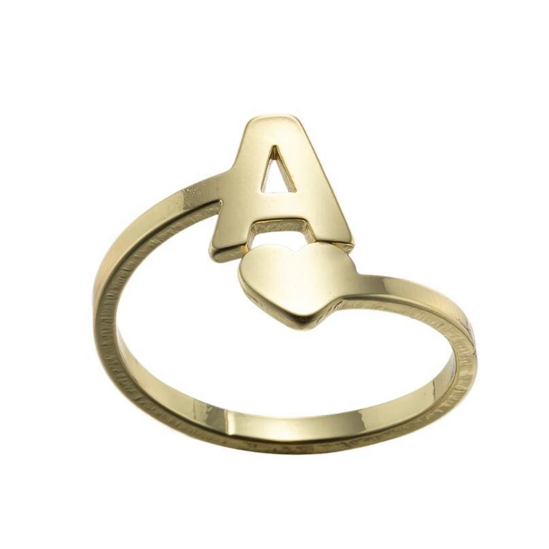 

18K Gold Plated Stainless Steel Finger Ring Ajustable Heart Capital Initial Alphabet Letter Finger Rings for Women, 2 colors