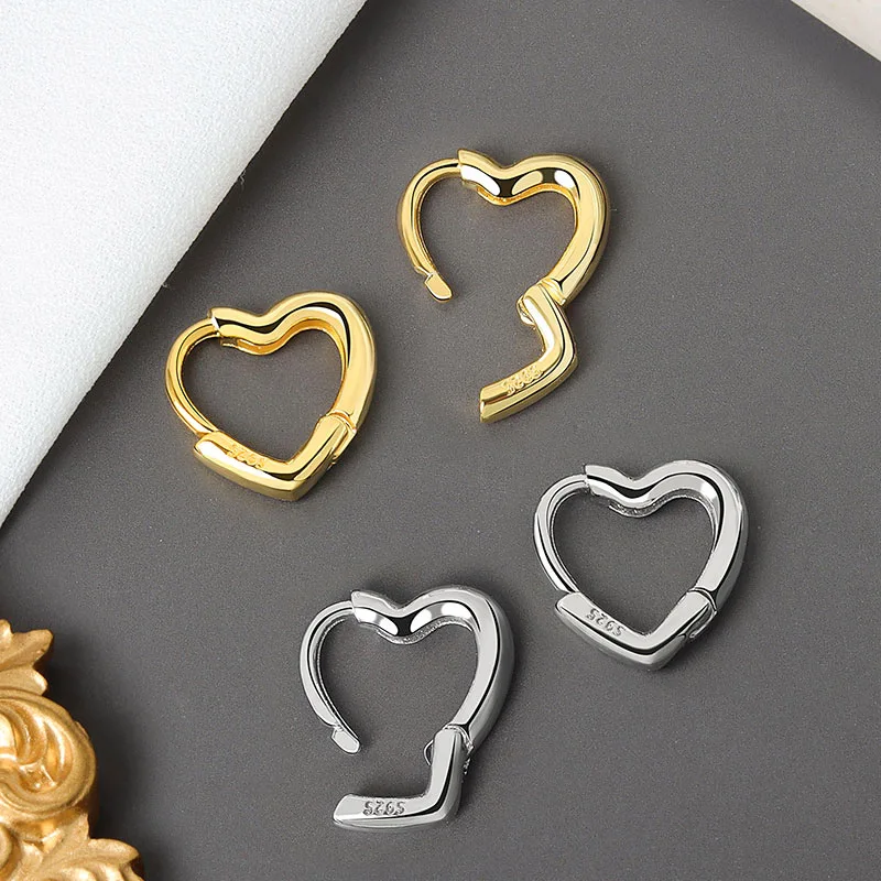 

S925 Stamp 18K Real Gold Plated Hollow Heart Hoop Earrings Sterling Silver Plated Heart Clip On Earrings For Girls