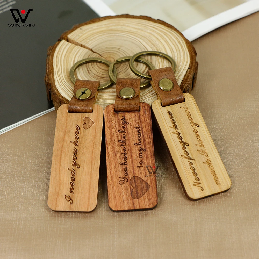 

High Quality Laser Engraving Wooden Custom Rectangle Keychain with Leather Strap, Wood