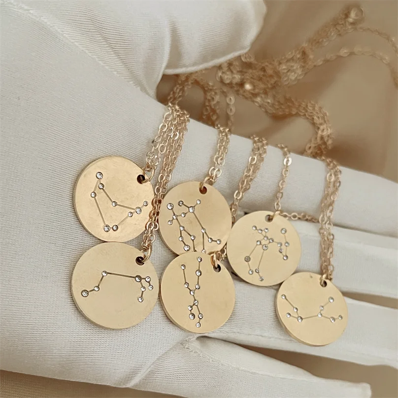 

Wholesale Custom 12 Constellation Astrology Horoscope Star Jewelry 18K Gold Plated Stainless Steel Zodiac Sign Pendant Necklace, Gold, silver, rose gold