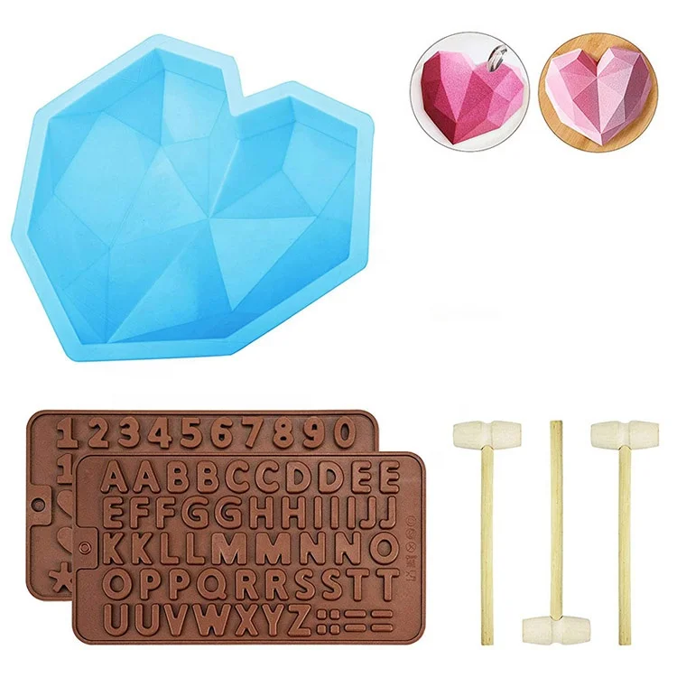 

5Pcs/Set Lfgb Non-Stick Diy Dessert Diamond Big Heart Shape Silicone Cake Mold Trays 8.7 Set With Hammer, Multi