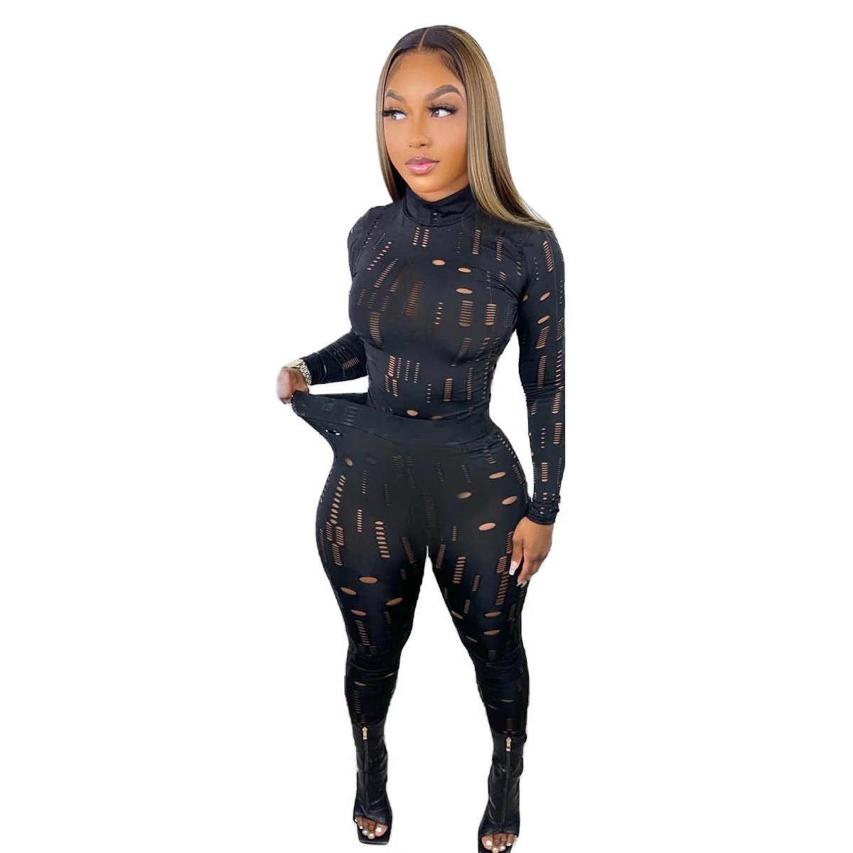 

2022 Spring Women Sexy Club Stretch Hole High Collar Long Sleeve Crop Top Ladies Slim Pants Leggings 2 Two Piece Set Clothing, Picture color