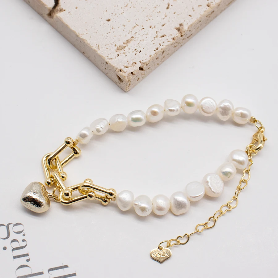 

Baroque Gold Plated Smooth Heart Charm Link Chain Bangle Bracelets Natural Freshwater Pearl Beads Bracelet, Picture shows