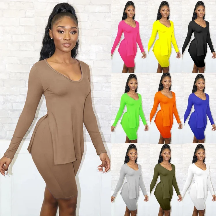 

QC-H156 2021 Amazon hot selling deep v-neck long sleeves with high slits on both sides two piece set, Customized color