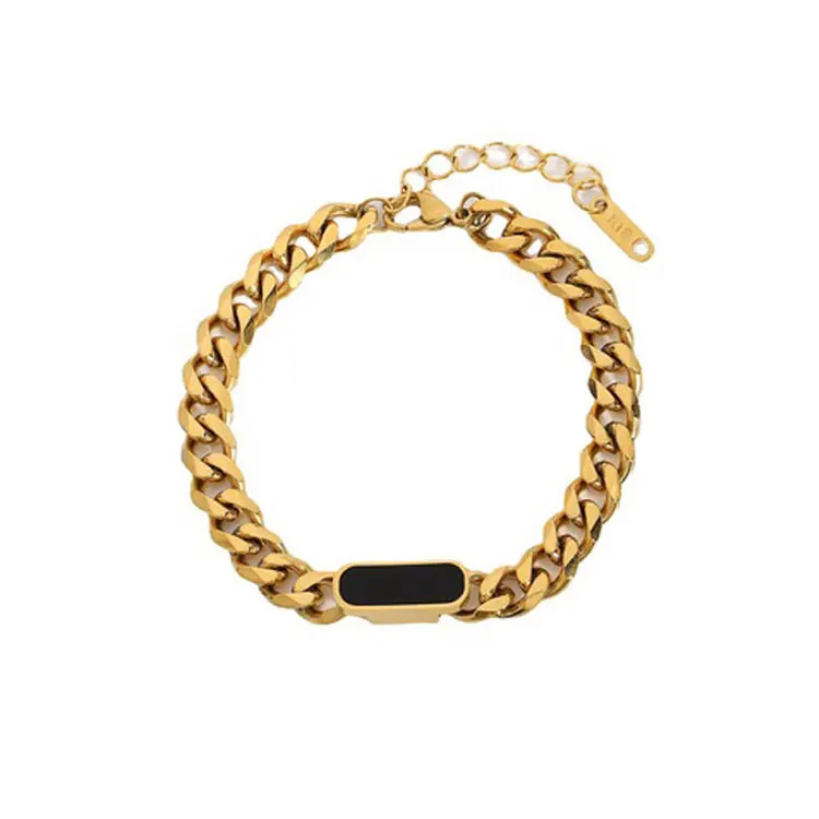 

SC Dainty Inlaid Malachite Jade Bracelet Jewelry High Polished 18K Gold Plated Cuban Chain 316L Stainless Steel Bracelet Women