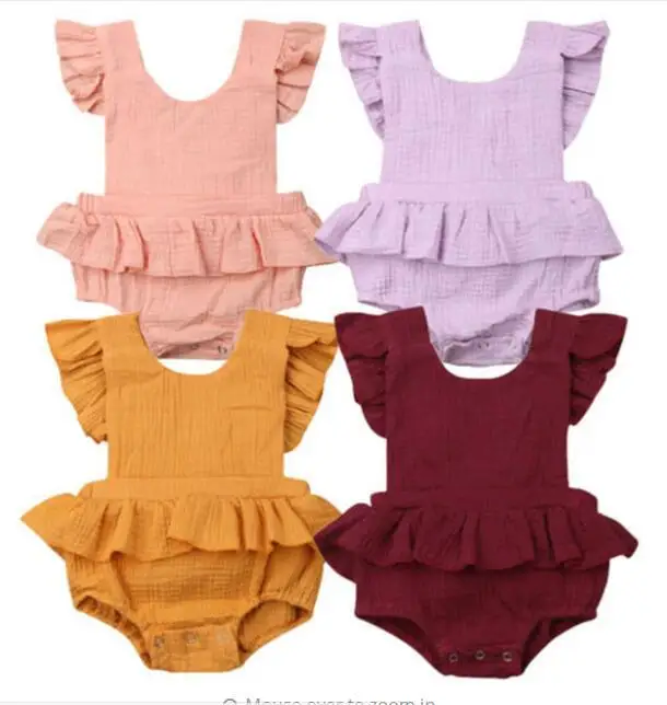 

Sweety summer baby girl linen rompers with ruffler pink baby outfits, White