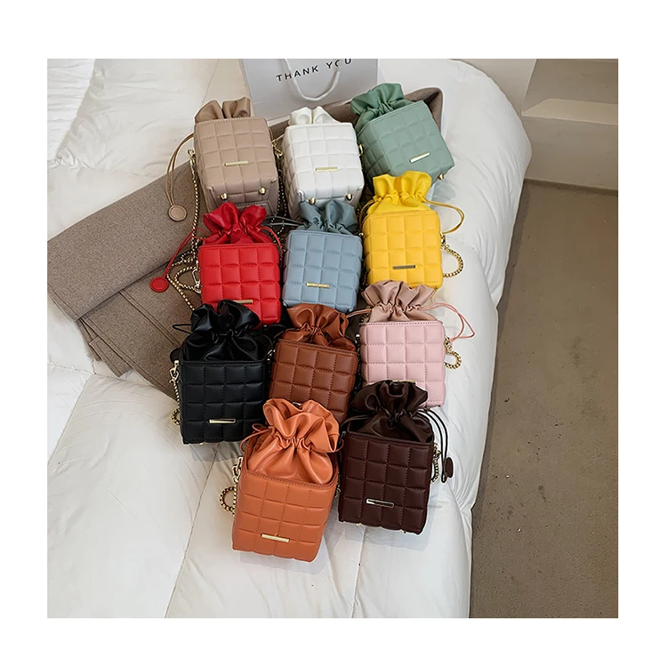 

Candy Color Mini Flap Quilted Purses Designer Plaid Small Square Bucket Drawstring Shoulder Bags 2021 Luxury Handbags for Women