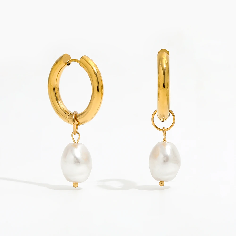 

18K Gold Plated Pearl Hoop Earrings for Women Stainless Steel Wholesale 2022 Trendy Jewelry