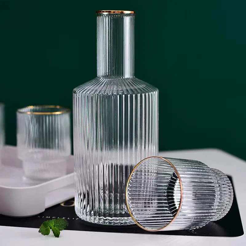 

900ml Textured Round Clear Glass Bedside Water Serving Carafe with Gold Rim with Tumbler, Customized color