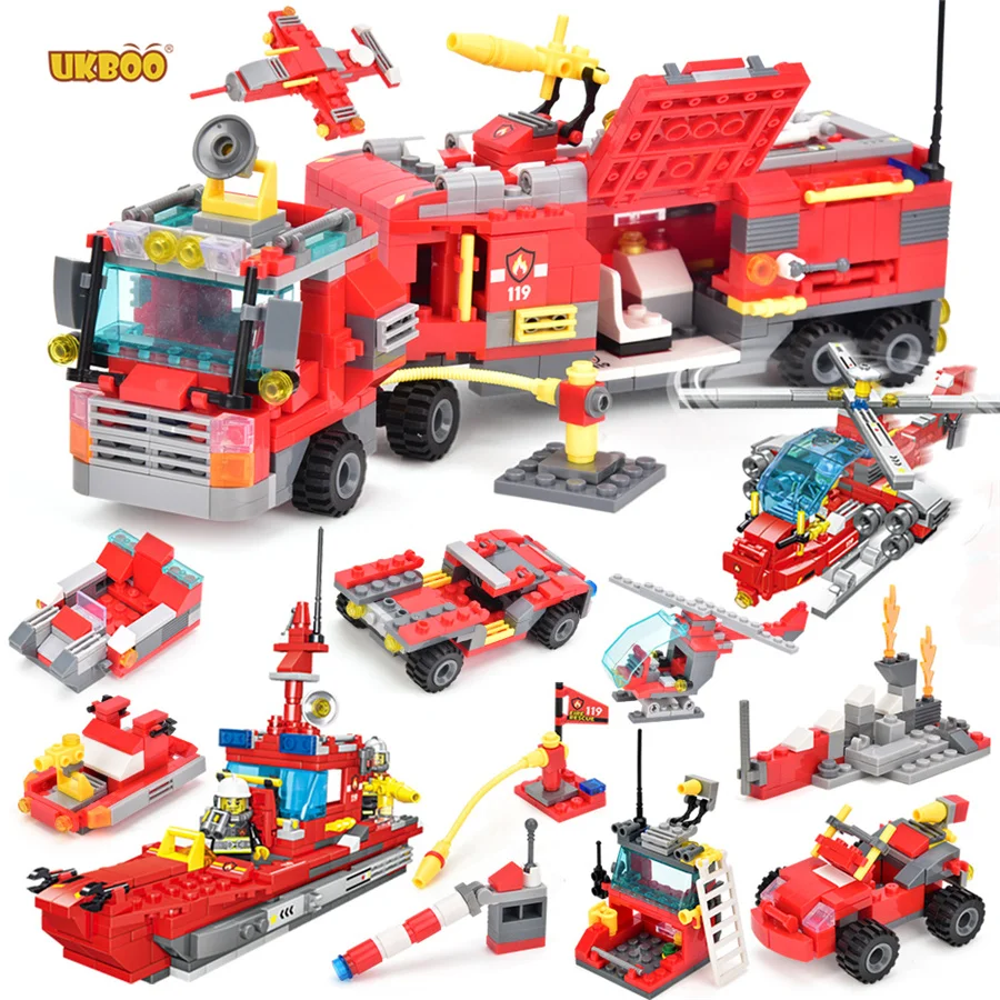 

Free Shipping UKBOO 678Pcs City Fire City Fire Station Building Blocks Truck Helicopter Boat Car Firefighter Bricks