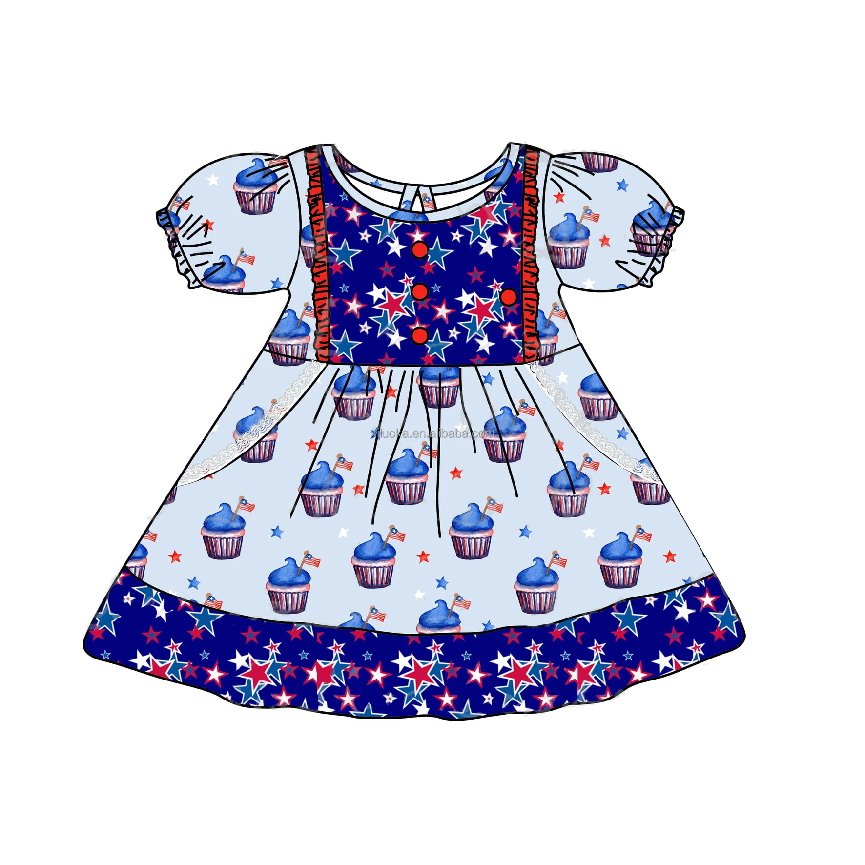 

Wholesale Boutique Children Clothing 4th of July Puff Sleeve Girl Fashion Dress