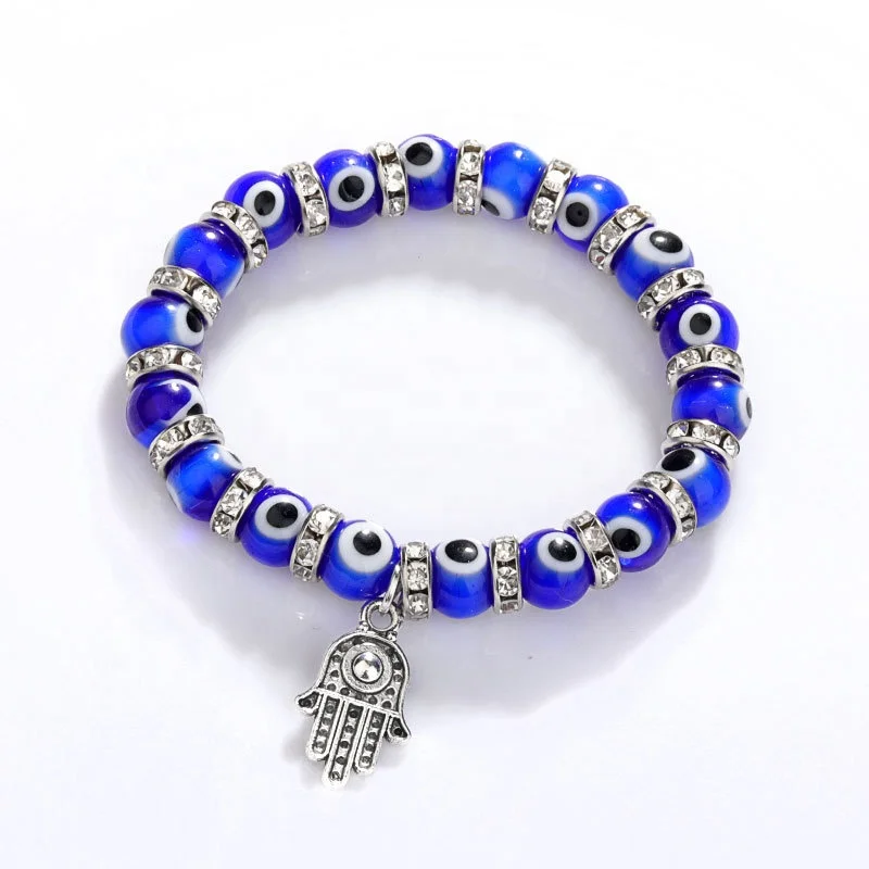 

8MM Acrylic Beads Jewelry Blue Evil Eyes Hand of Fatima Hamsa Hand Pendant Colored Glaze Kids Evil Eyes Beaded Bracelet